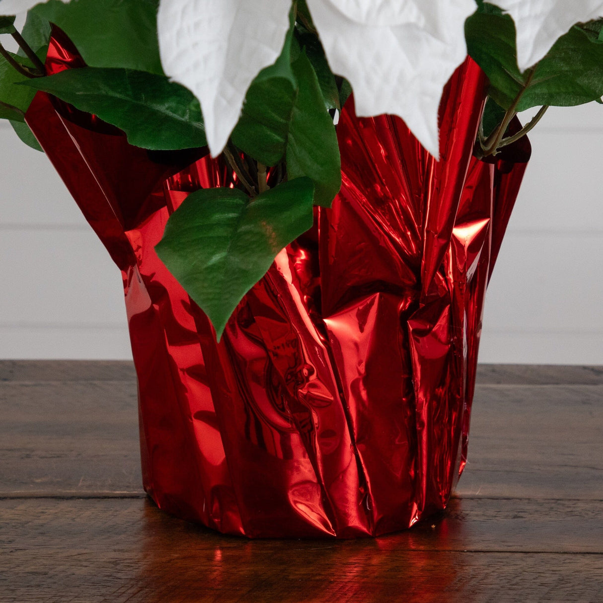 19” Artificial Lush White Poinsettia Arrangement in Red Wrapped Planter