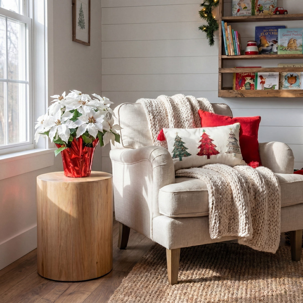 19” Artificial Lush White Poinsettia Arrangement in Red Wrapped Planter
