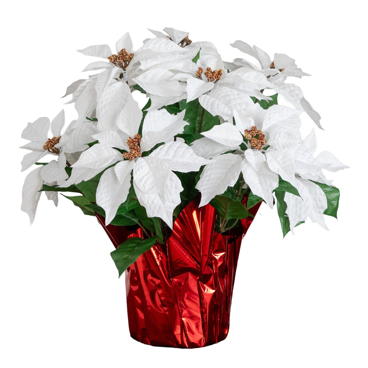19” Artificial Lush White Poinsettia Arrangement in Red Wrapped Planter