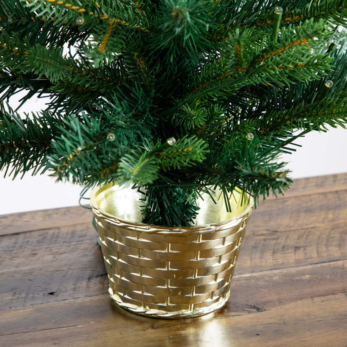 2' Pre-Lit Artificial Classic Christmas Tree with 35 Warm White LED Lights in Gold Decorative Planter
