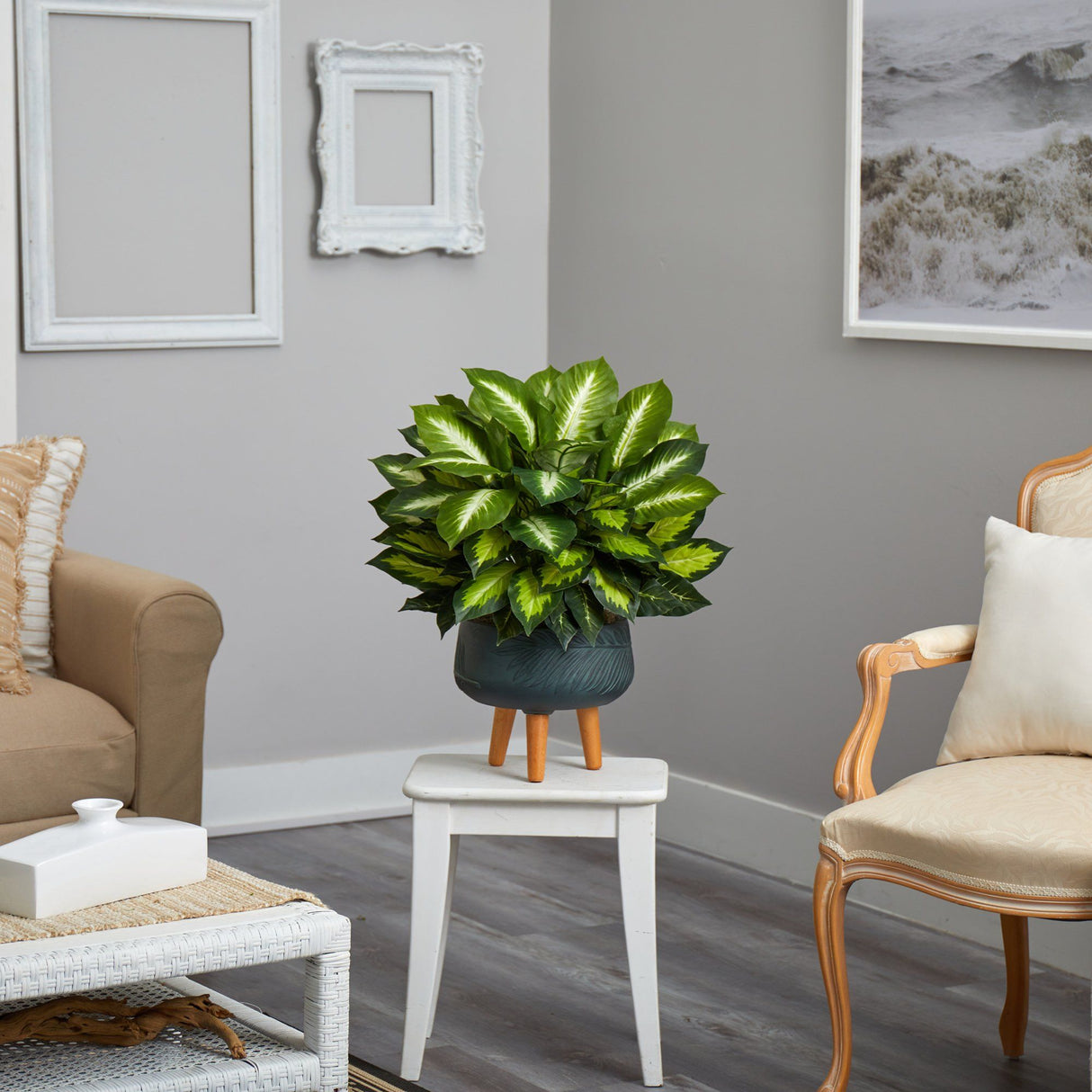 2’ Golden Dieffenbachia Artificial Plant in Black Planter with Stand