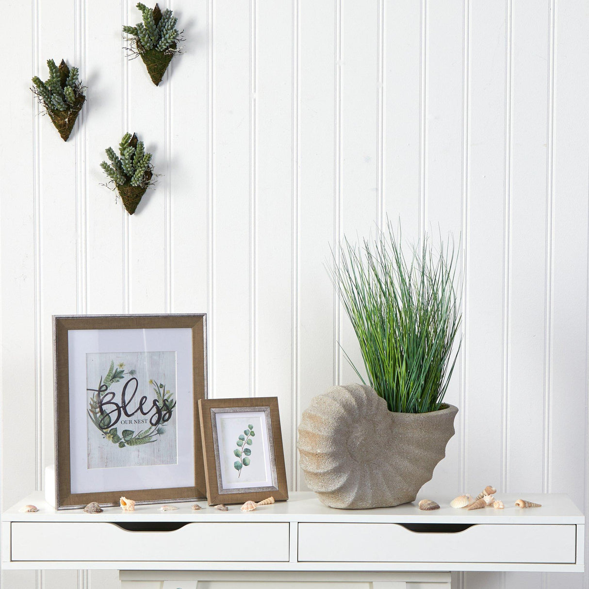 21” Onion Grass Artificial Plant in Shell Shaped Planter