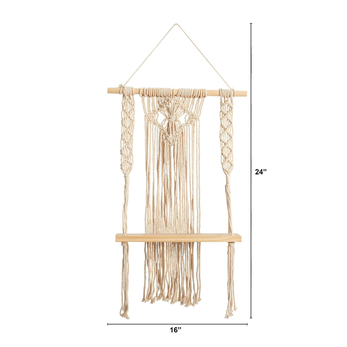 24" Boho Chic Wood Macrame Single Shelf Woven Diamond Wall Art Décor"