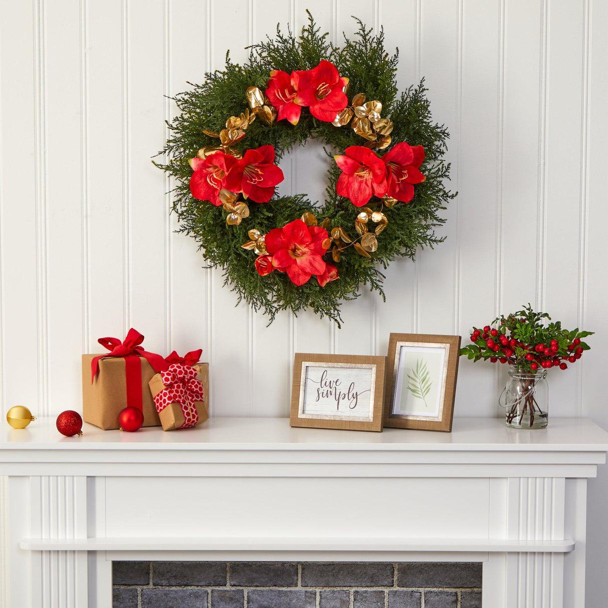 24” Cedar, Amaryllis and Metallic Eucalyptus Artificial Wreath