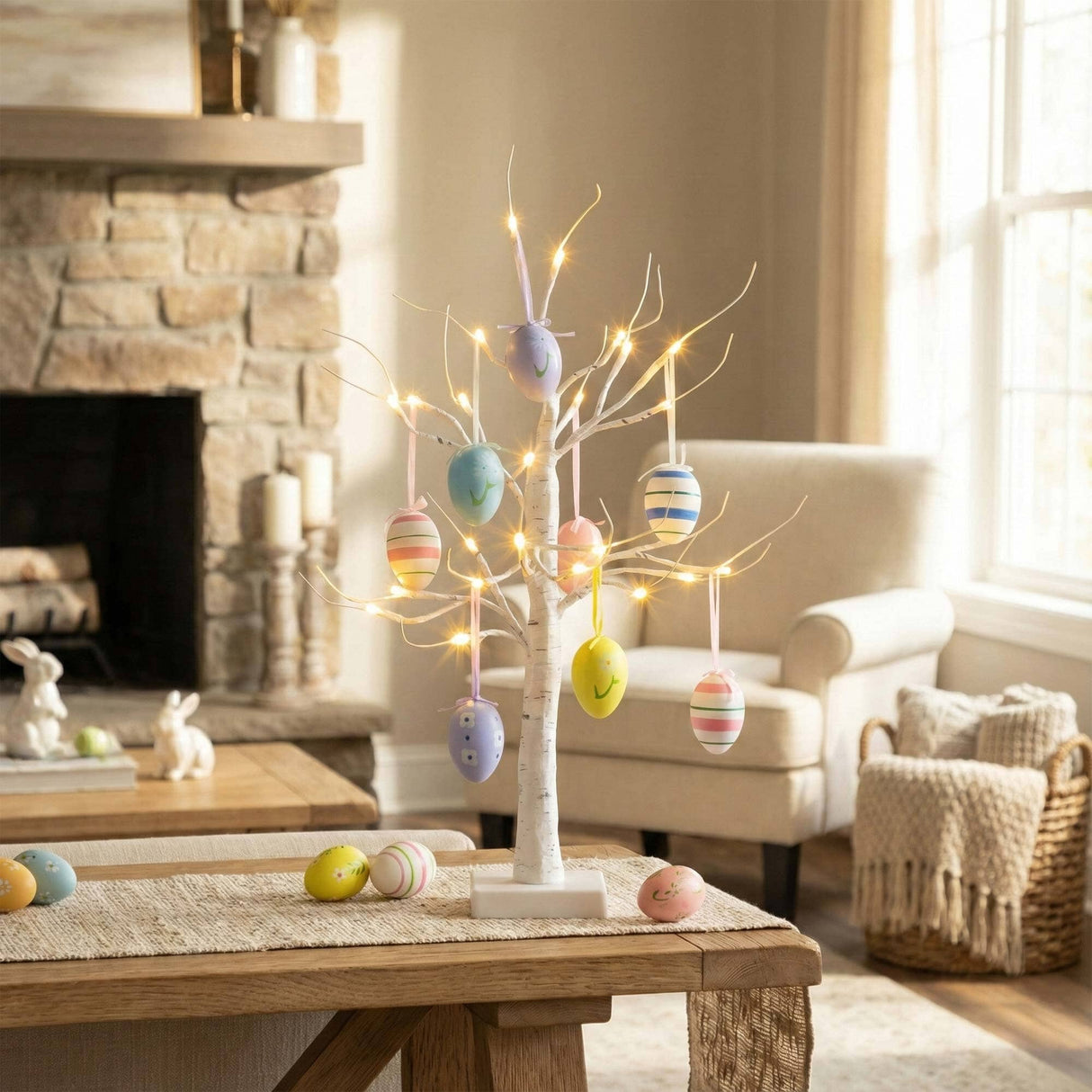 2' Pre-Lit Artificial Easter Twig Tree with Egg Ornaments and 24 Warm White LED Lights
