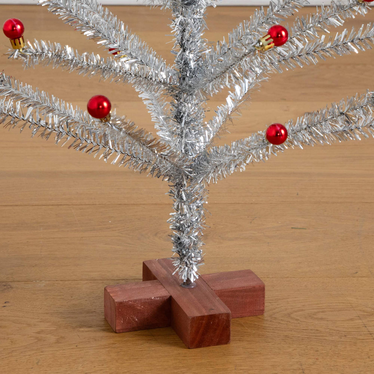 3' Artificial Retro Silver Tinsel Christmas Tree with 45 Red Mini Ornament Balls and Wooden Base