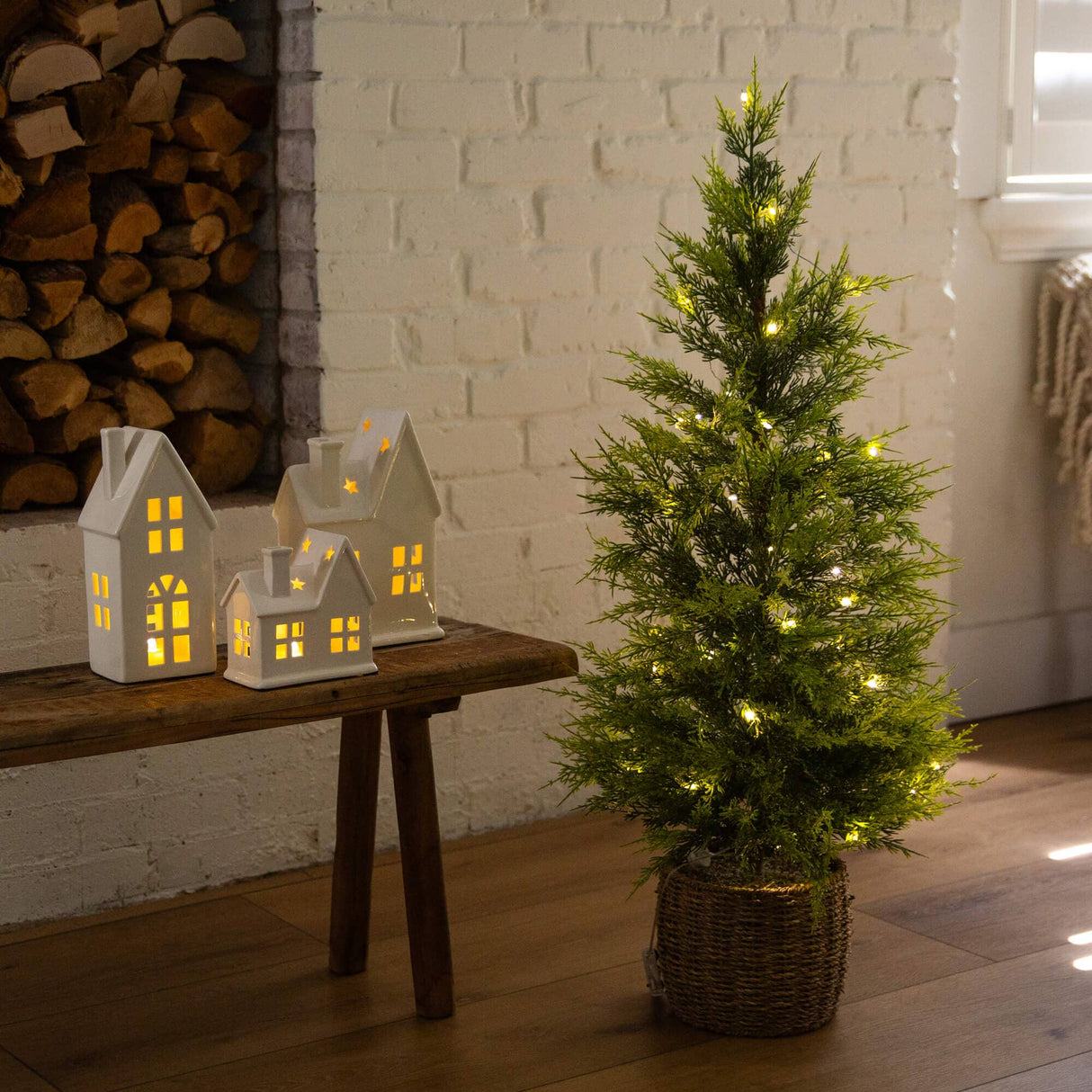3' Pre-Lit Artificial Lightly Snowed Cypress Christmas Tree with 38 Warm White LED Lights in Decorative Weaved Basket