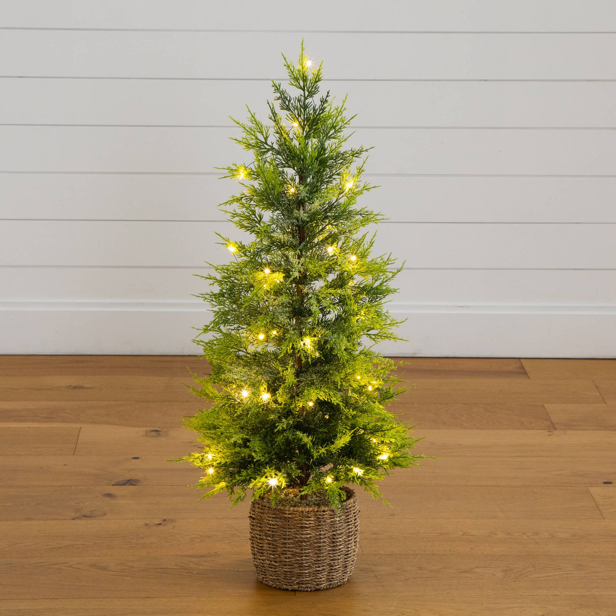 3' Pre-Lit Artificial Lightly Snowed Cypress Christmas Tree with 38 Warm White LED Lights in Decorative Weaved Basket