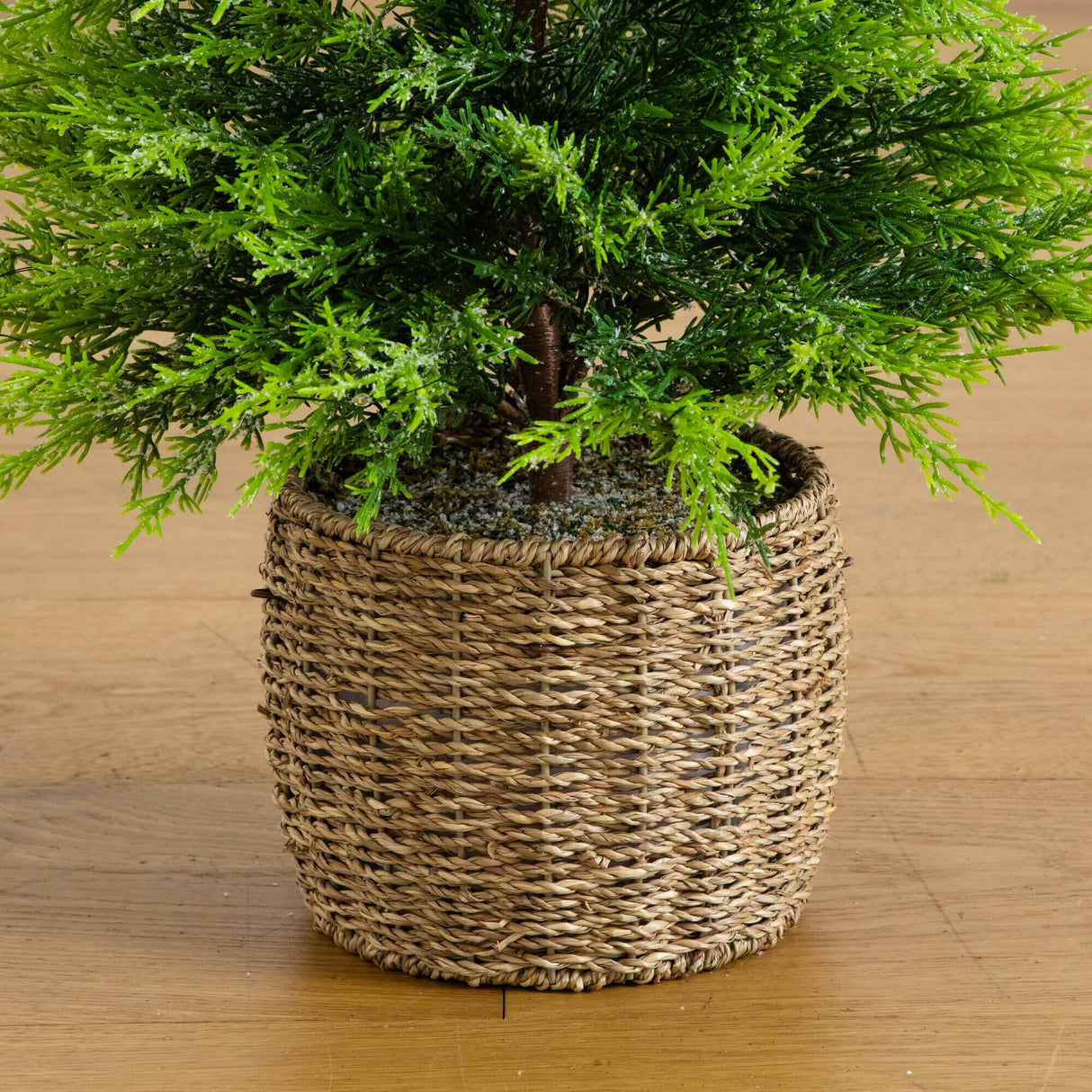 3' Pre-Lit Artificial Lightly Snowed Cypress Christmas Tree with 38 Warm White LED Lights in Decorative Weaved Basket