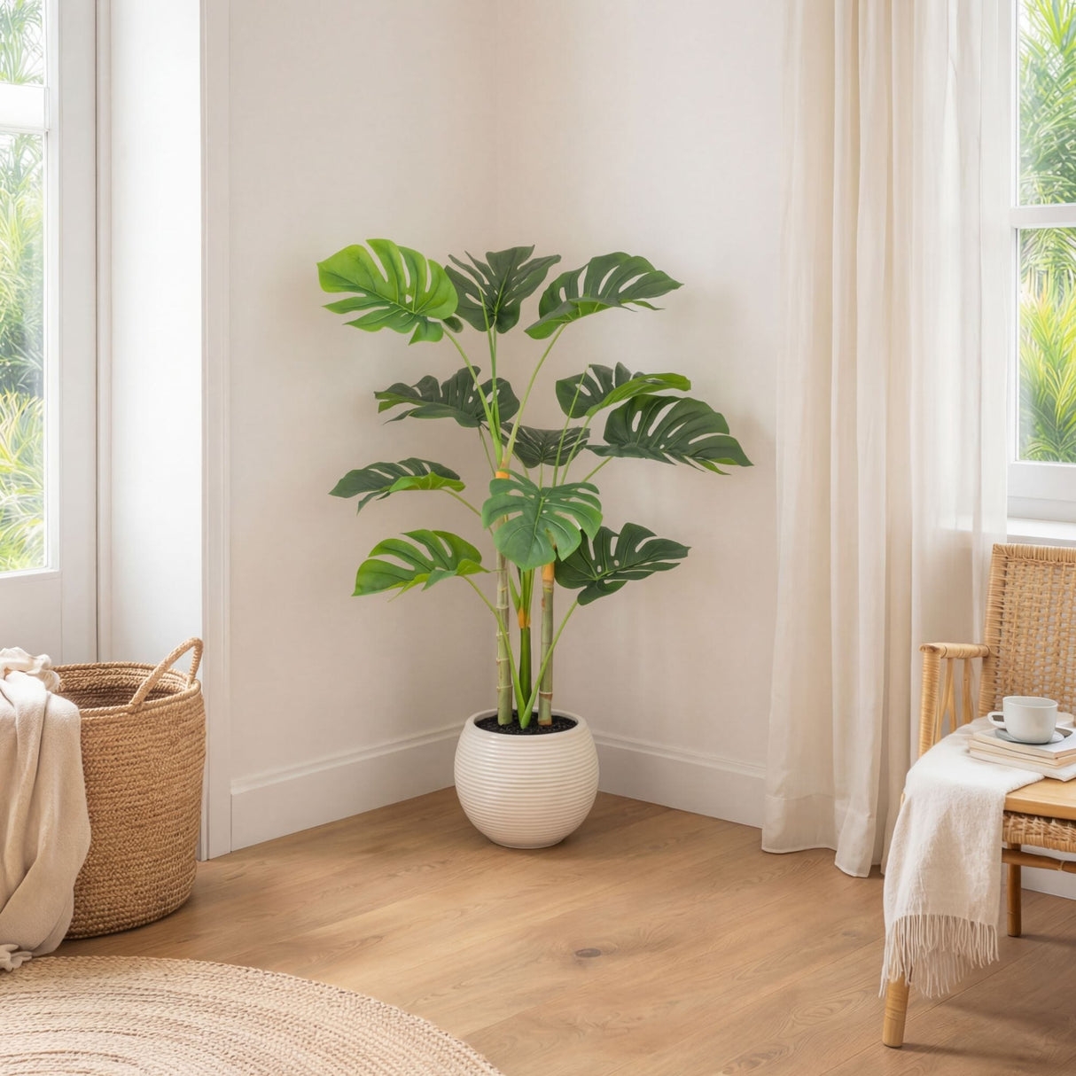 3.5' Artificial Monstera Tree in White Round Planter