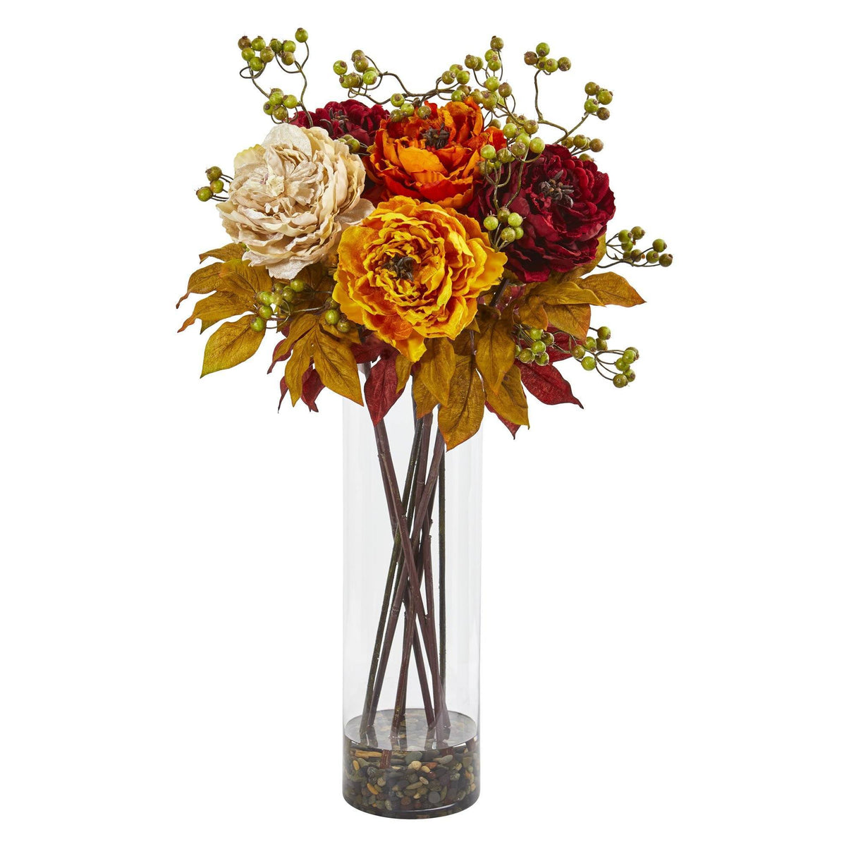 36” Peony and Berries Artificial Arrangement in Large Cylinder Vase