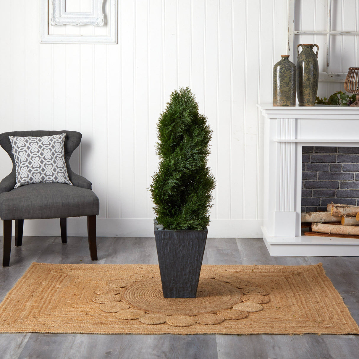 4’ Cypress Double Spiral Topiary Artificial Tree in Slate Planter (Indoor/Outdoor)