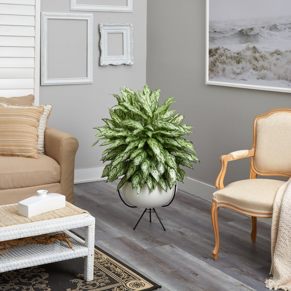 4’ Silver Queen Artificial Plant in White Planter with Metal Stand
