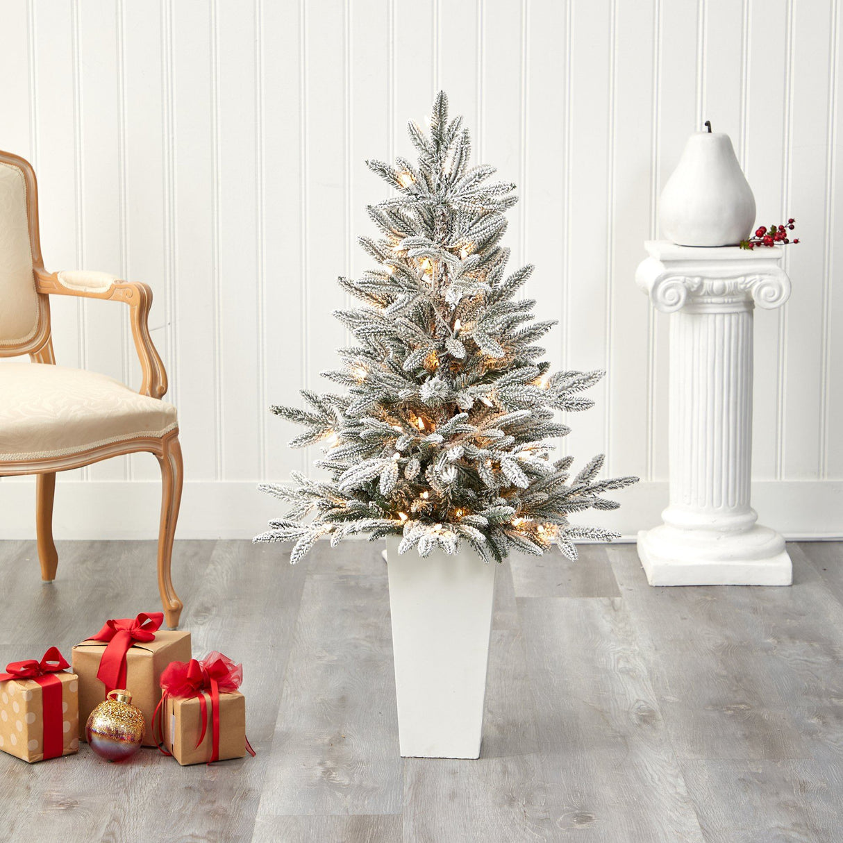 44” Flocked Manchester Spruce Artificial Christmas Tree with 50 Lights and 133 Bendable Branches in White Planter
