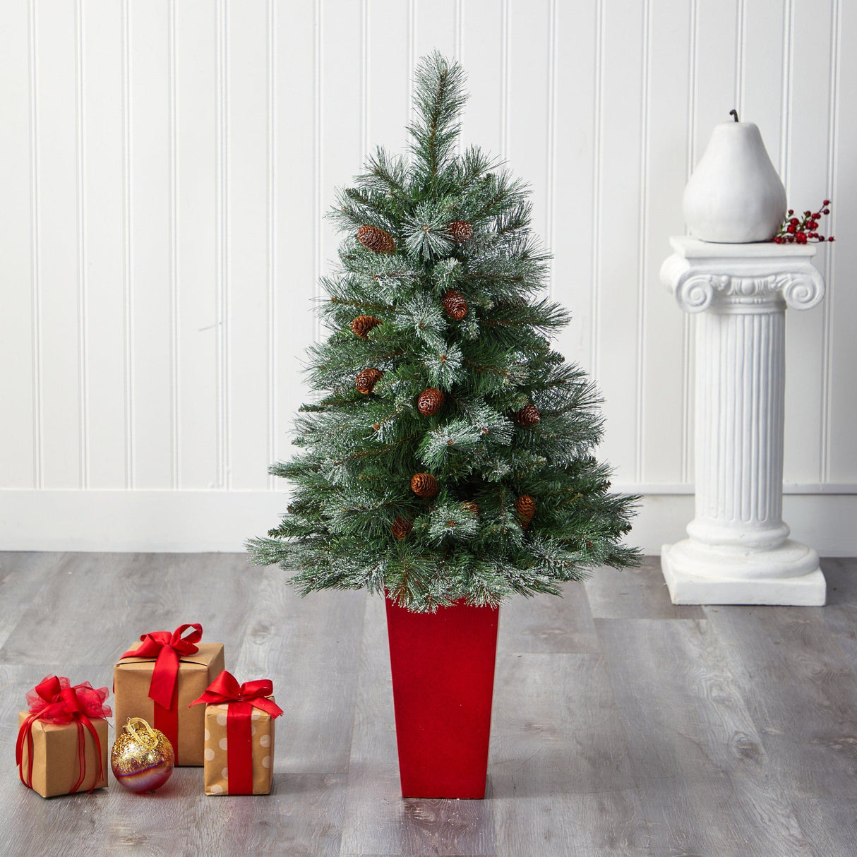 44” Snowed French Alps Mountain Pine Artificial Christmas Tree with 135 Bendable Branches and Pine Cones in Red Planter