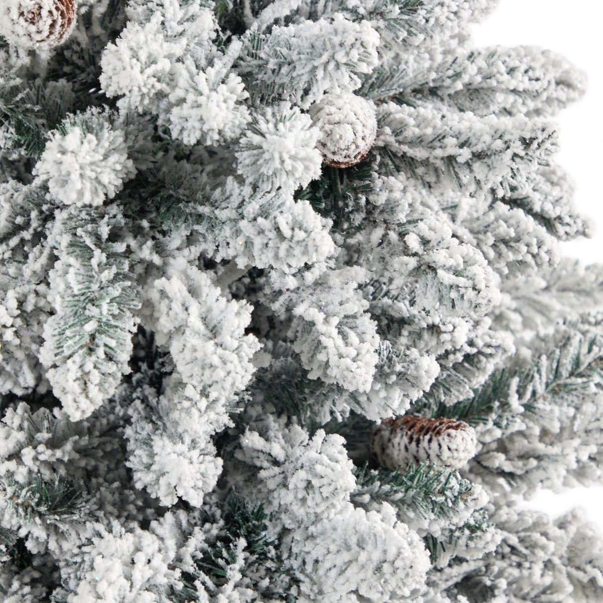 4.5’ Flocked Livingston Fir Artificial Christmas Tree with Pine Cones and 150 Clear Warm LED Lights in Tall White Planter