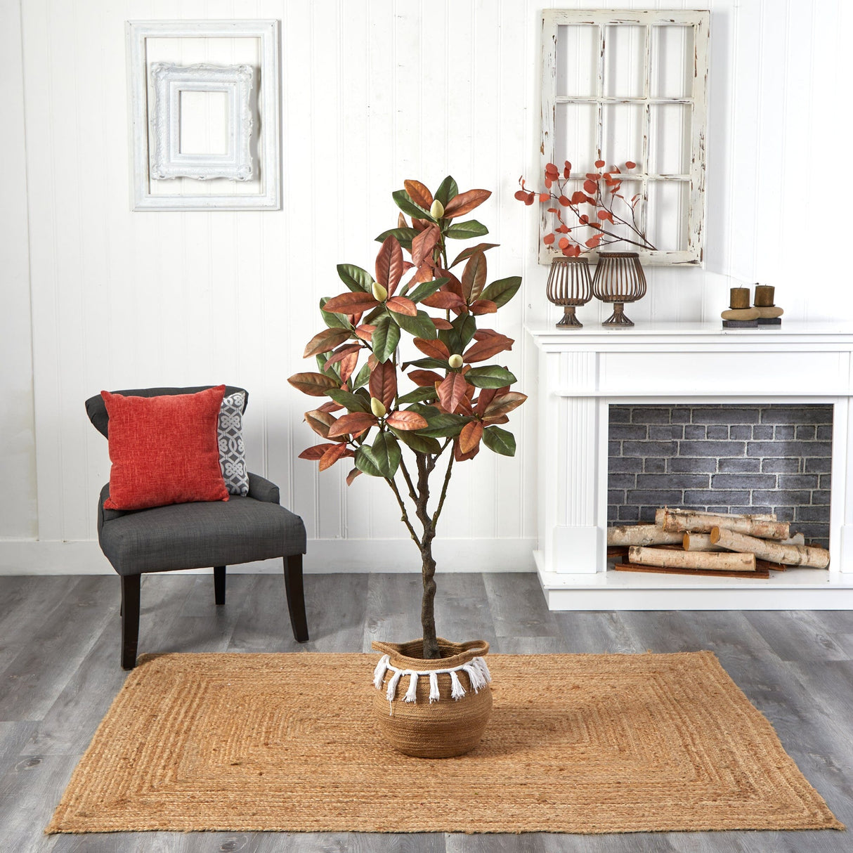 5’ Artificial Fall Magnolia Tree with Handmade Jute & Cotton Basket with Tassels