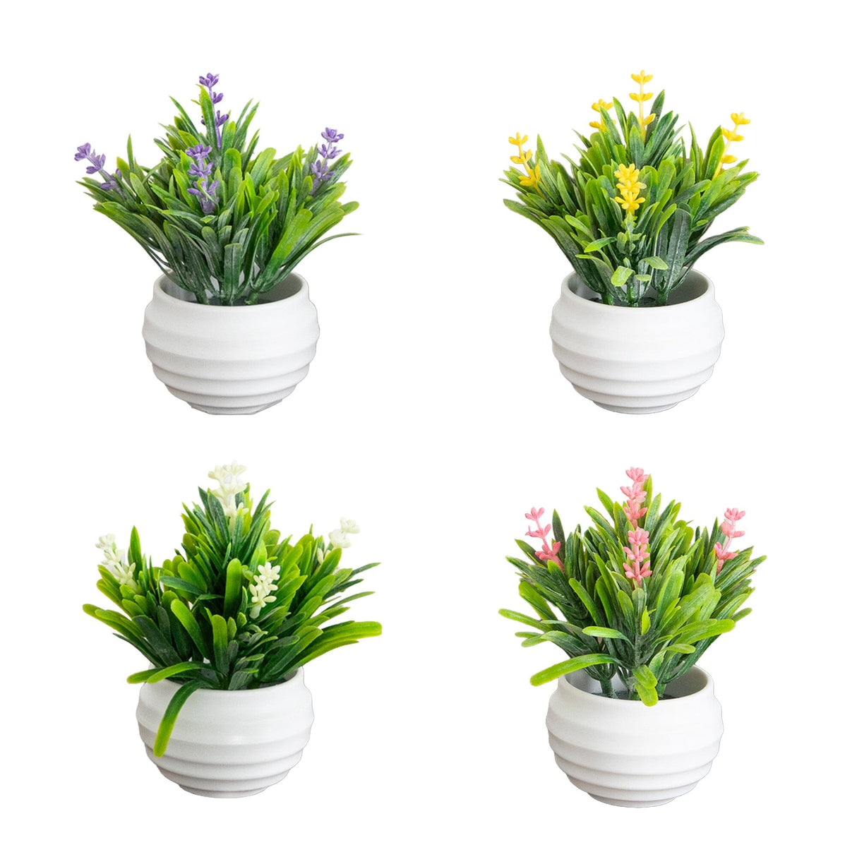 5" Artificial Mini Flowering Lavender Arrangement in White Decorative Oval Planter - Set of 4