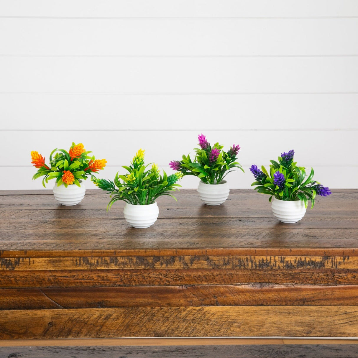 5” Artificial Mini Flowering Plant in White Decorative Oval Planter - Set of 4
