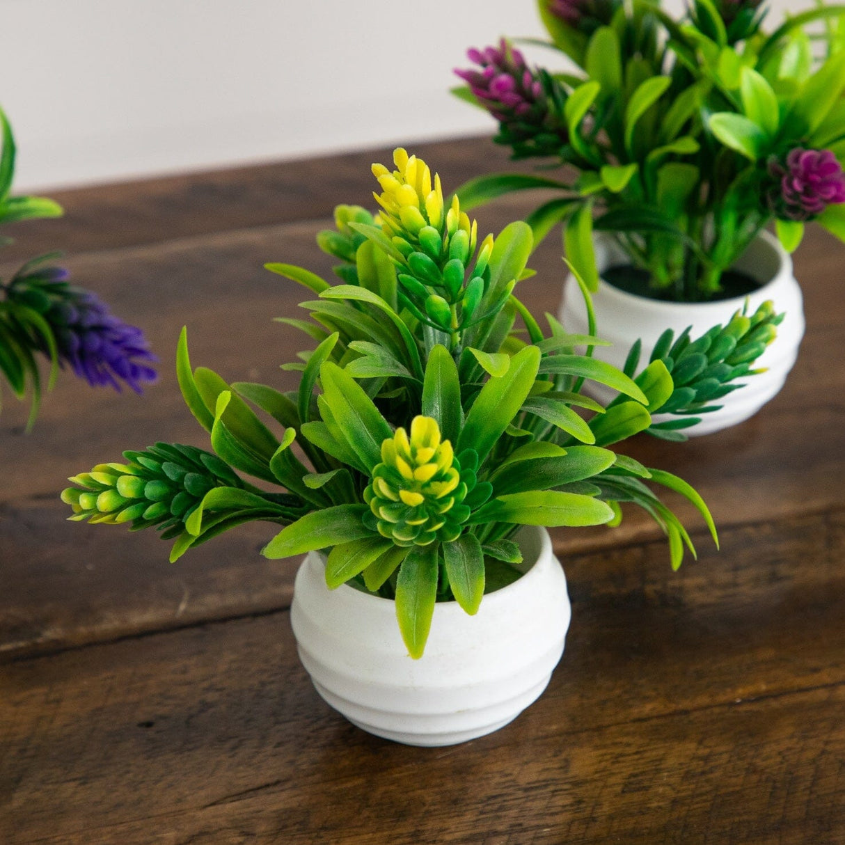 5” Artificial Mini Flowering Plant in White Decorative Oval Planter - Set of 4