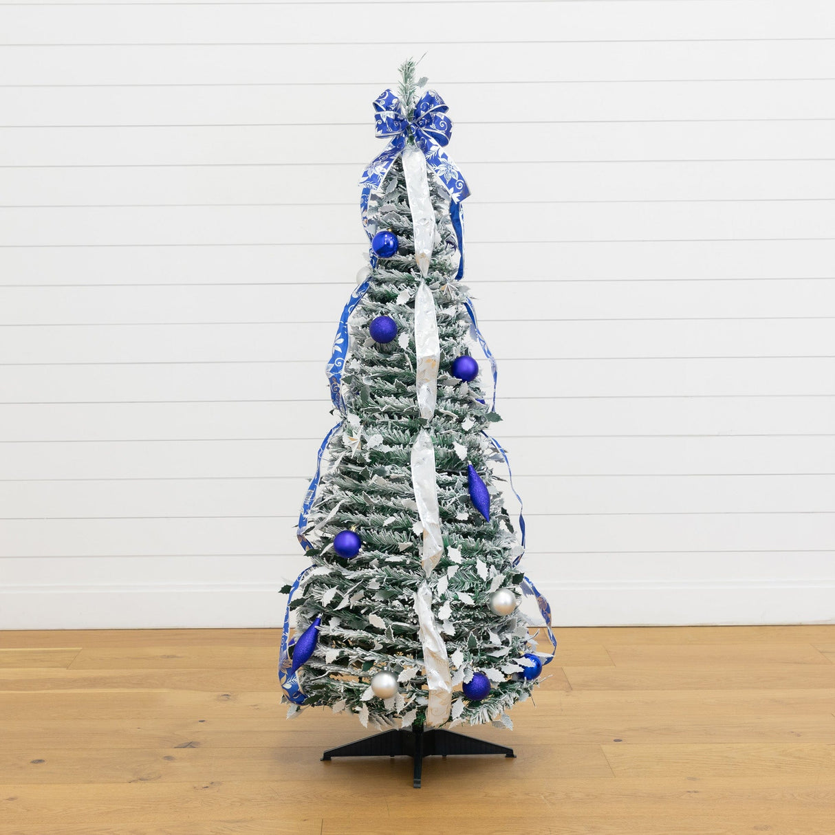 5' Pre-Lit Artificial Pop Up Flocked Christmas Tree with Silver & Blue Ornaments, Ribbons and 100 Warm White LED Lights