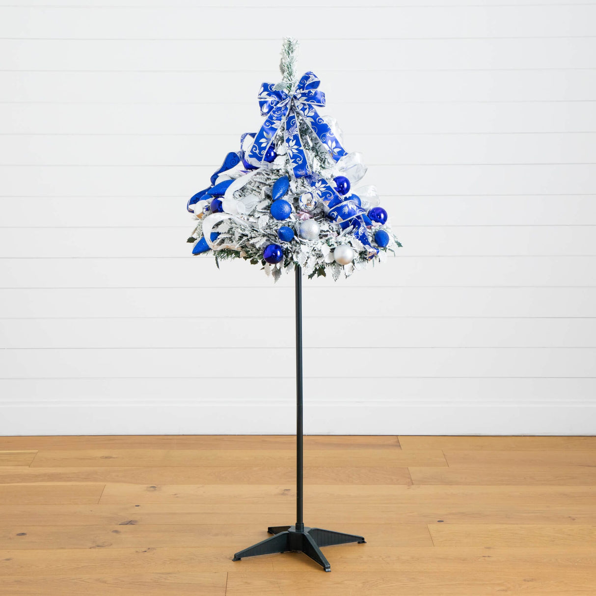 5' Pre-Lit Artificial Pop Up Flocked Christmas Tree with Silver & Blue Ornaments, Ribbons and 100 Warm White LED Lights