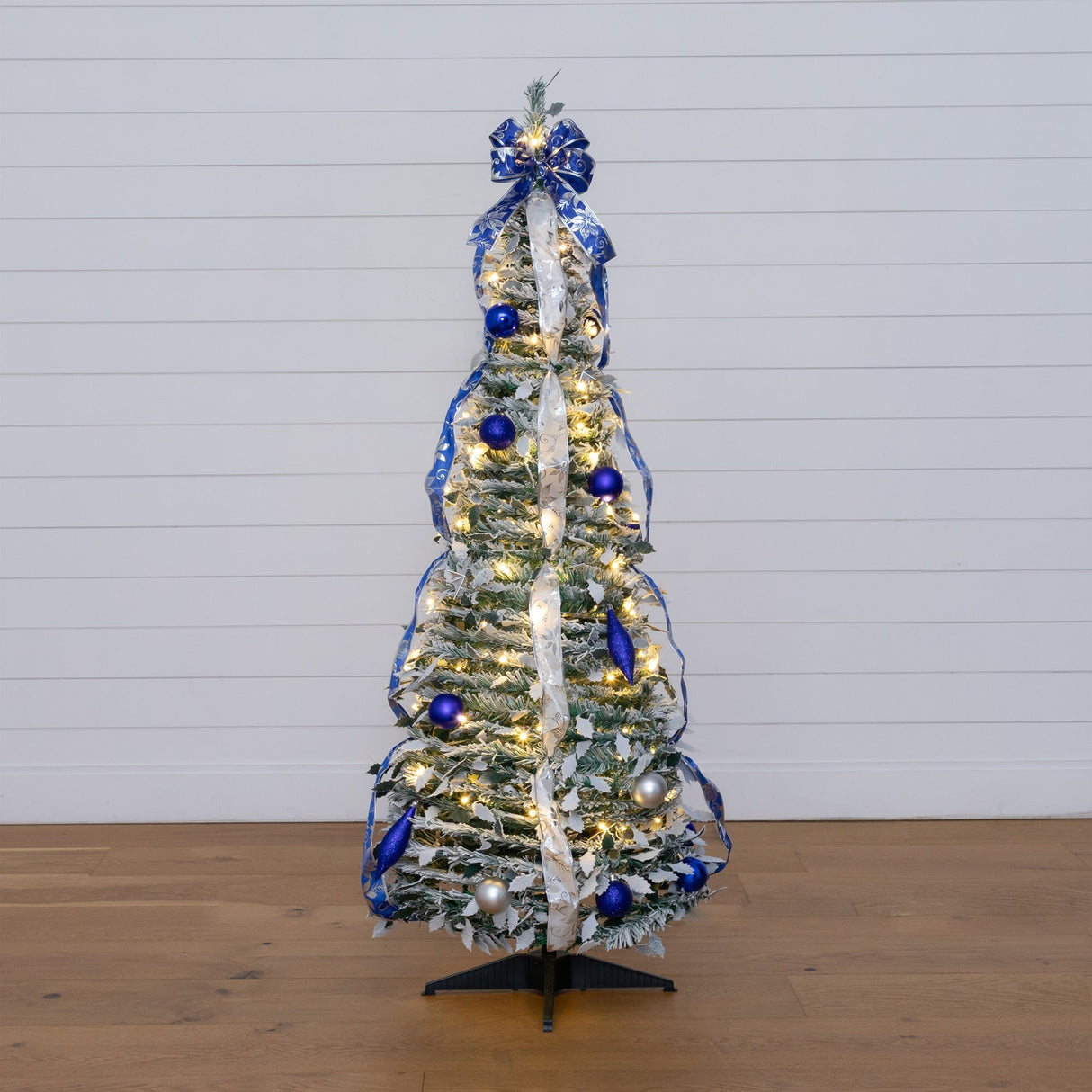 5' Pre-Lit Artificial Pop Up Flocked Christmas Tree with Silver & Blue Ornaments, Ribbons and 100 Warm White LED Lights