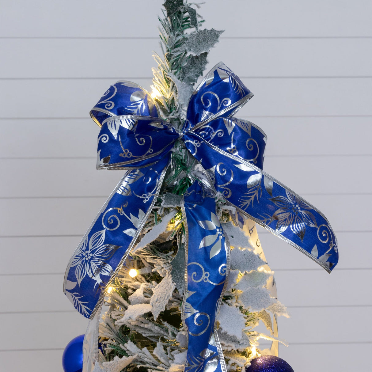 5' Pre-Lit Artificial Pop Up Flocked Christmas Tree with Silver & Blue Ornaments, Ribbons and 100 Warm White LED Lights