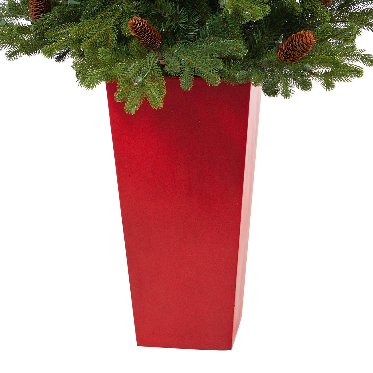 56” Yukon Mountain Fir Artificial Christmas Tree with 100 Clear Lights, Pine Cones and 386 Bendable Branches in Red Tower Planter