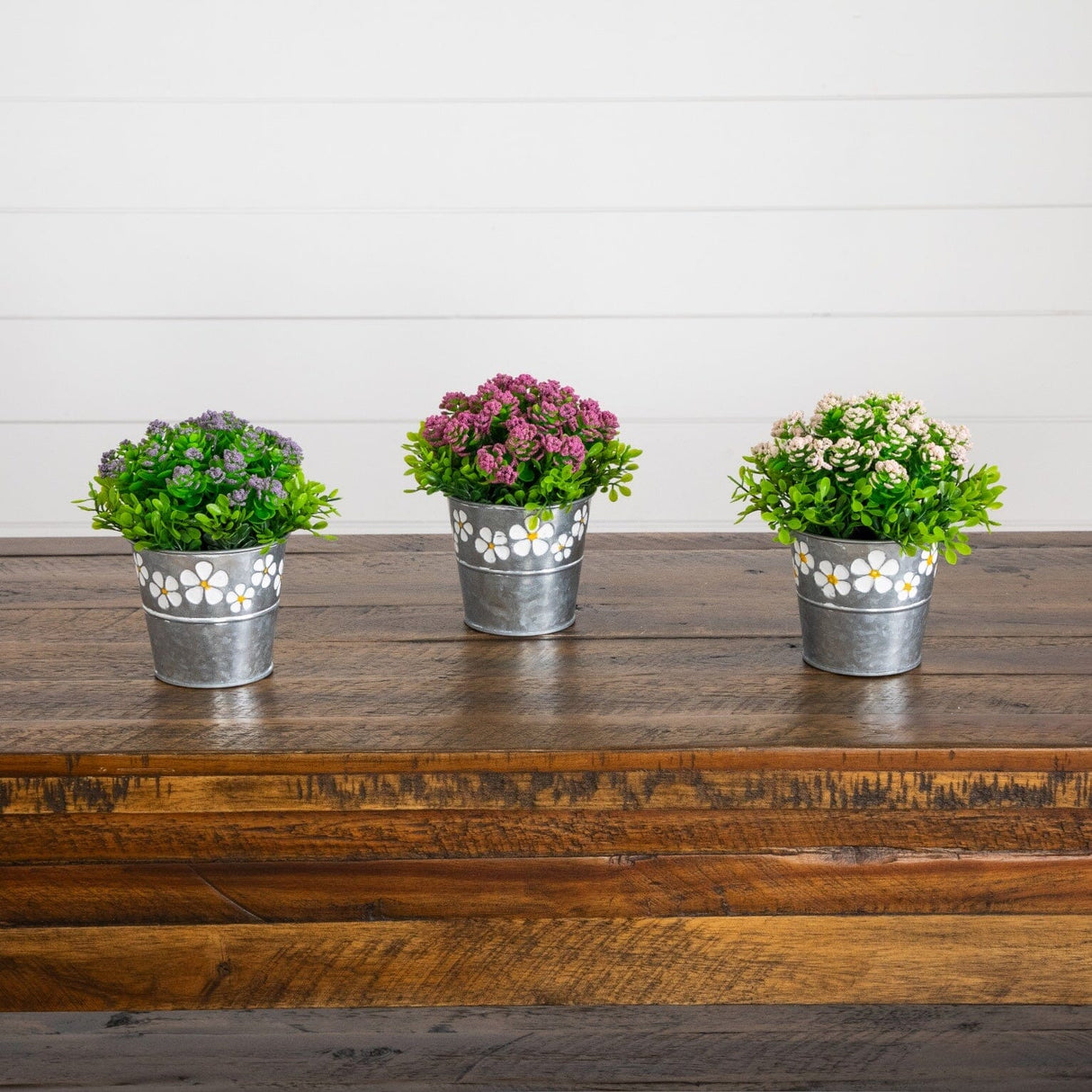 6” Artificial Succulent flowering Plant in Decorative Daisy Tin Planter -Set of 3