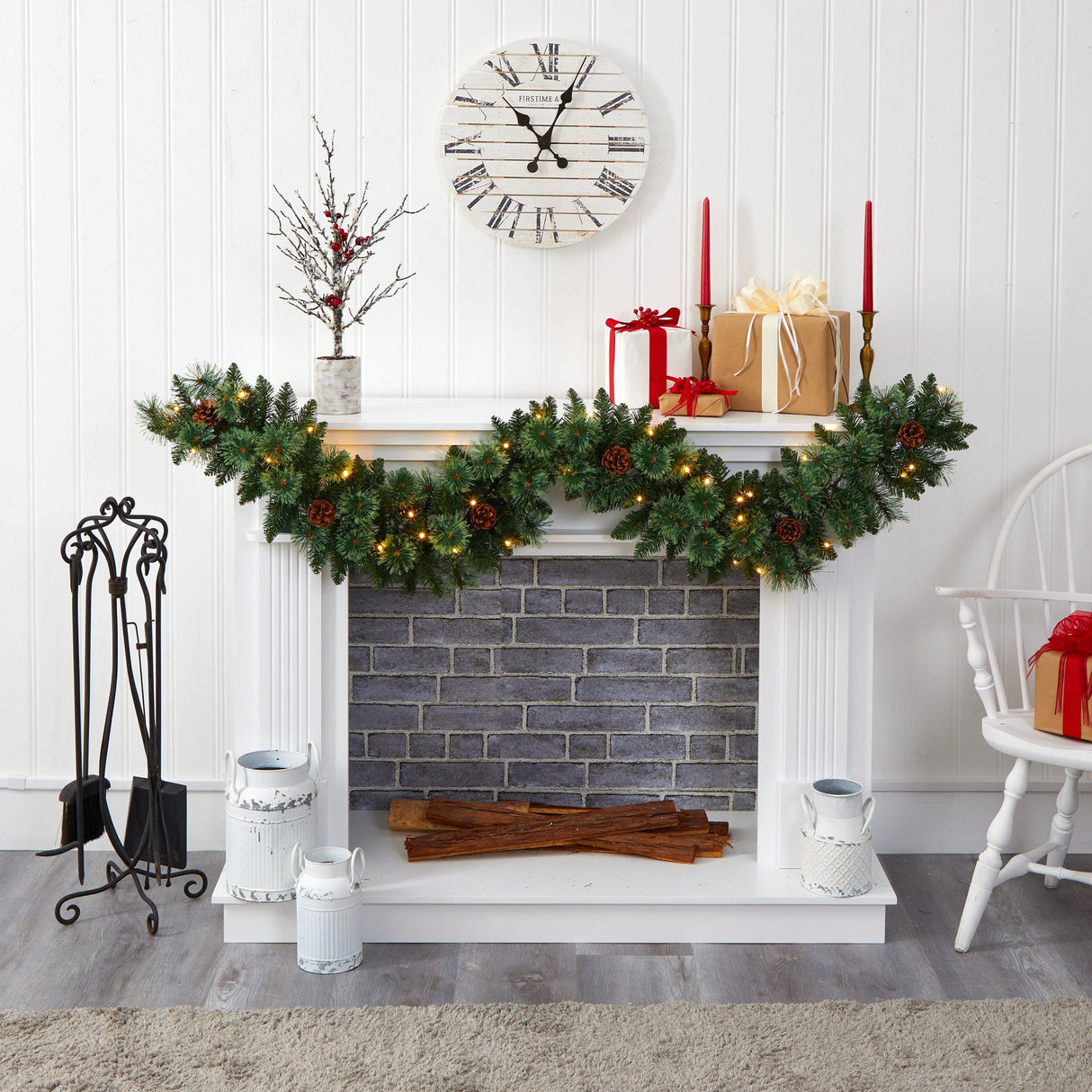 6’ White Mountain Pine Artificial Garland with 35 White Warm LED Lights and Pinecones