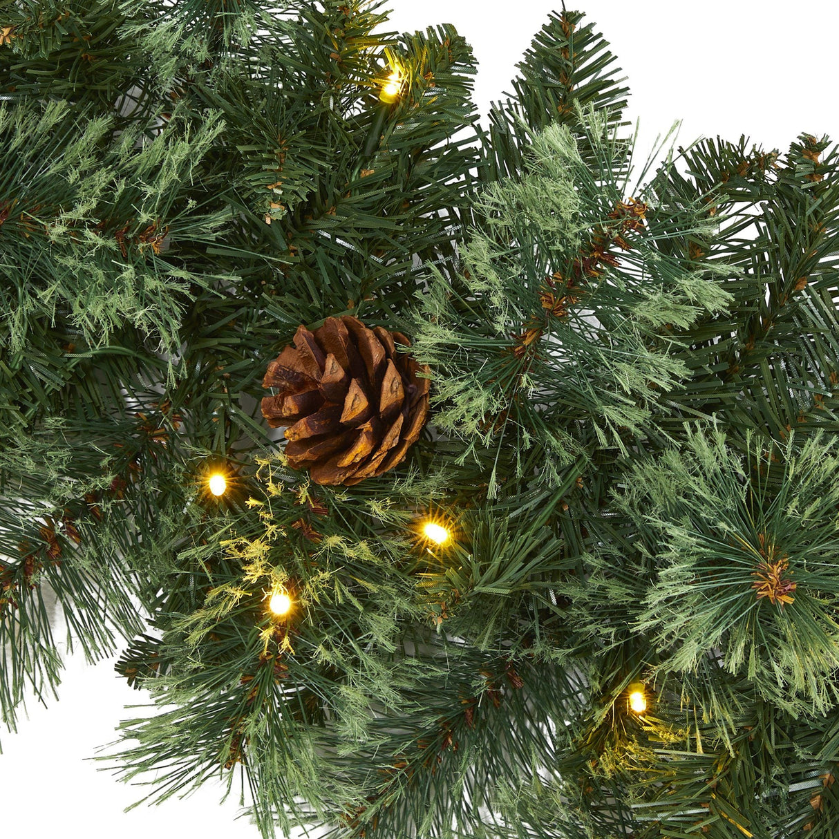 6’ White Mountain Pine Artificial Garland with 35 White Warm LED Lights and Pinecones