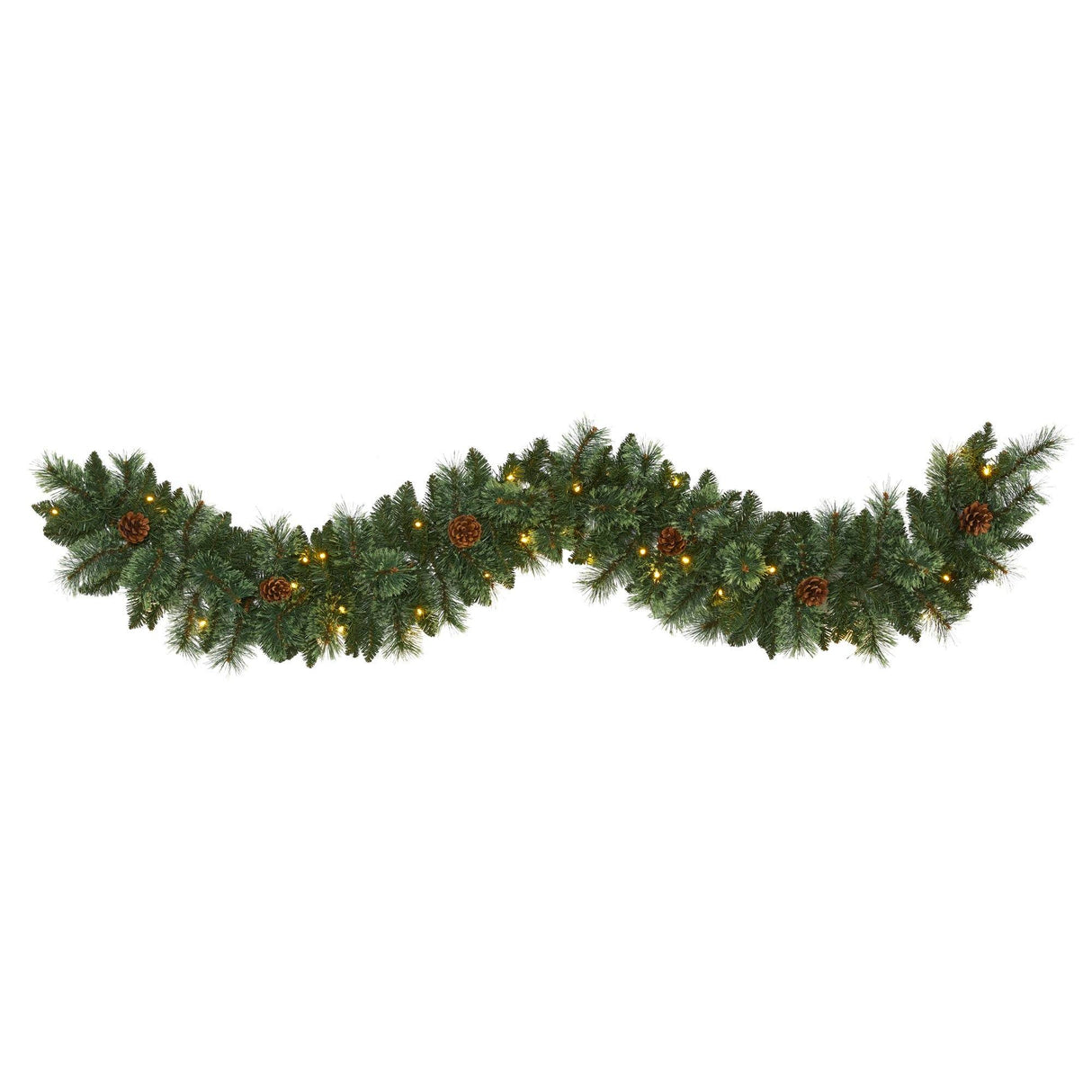 6’ White Mountain Pine Artificial Garland with 35 White Warm LED Lights and Pinecones