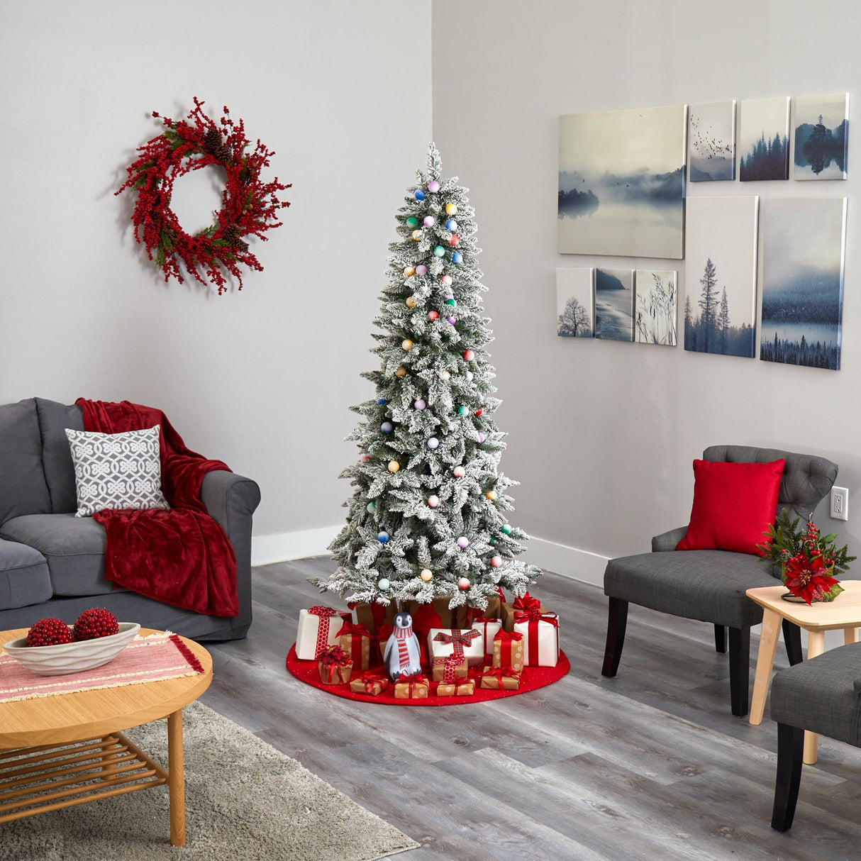 6.5' Flocked British Columbia Mountain Fir Artificial Christmas Tree with 75 Multi Color Globe Bulbs and 679 Bendable Branches