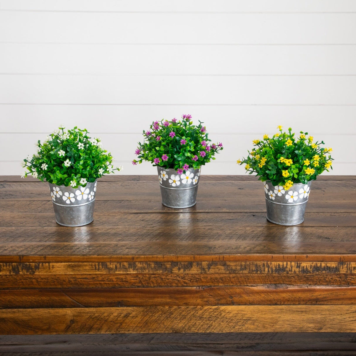 7” Artificial Flowering Mini Daisy Plant in Decorative Daisy Tin Planter -Set of 3