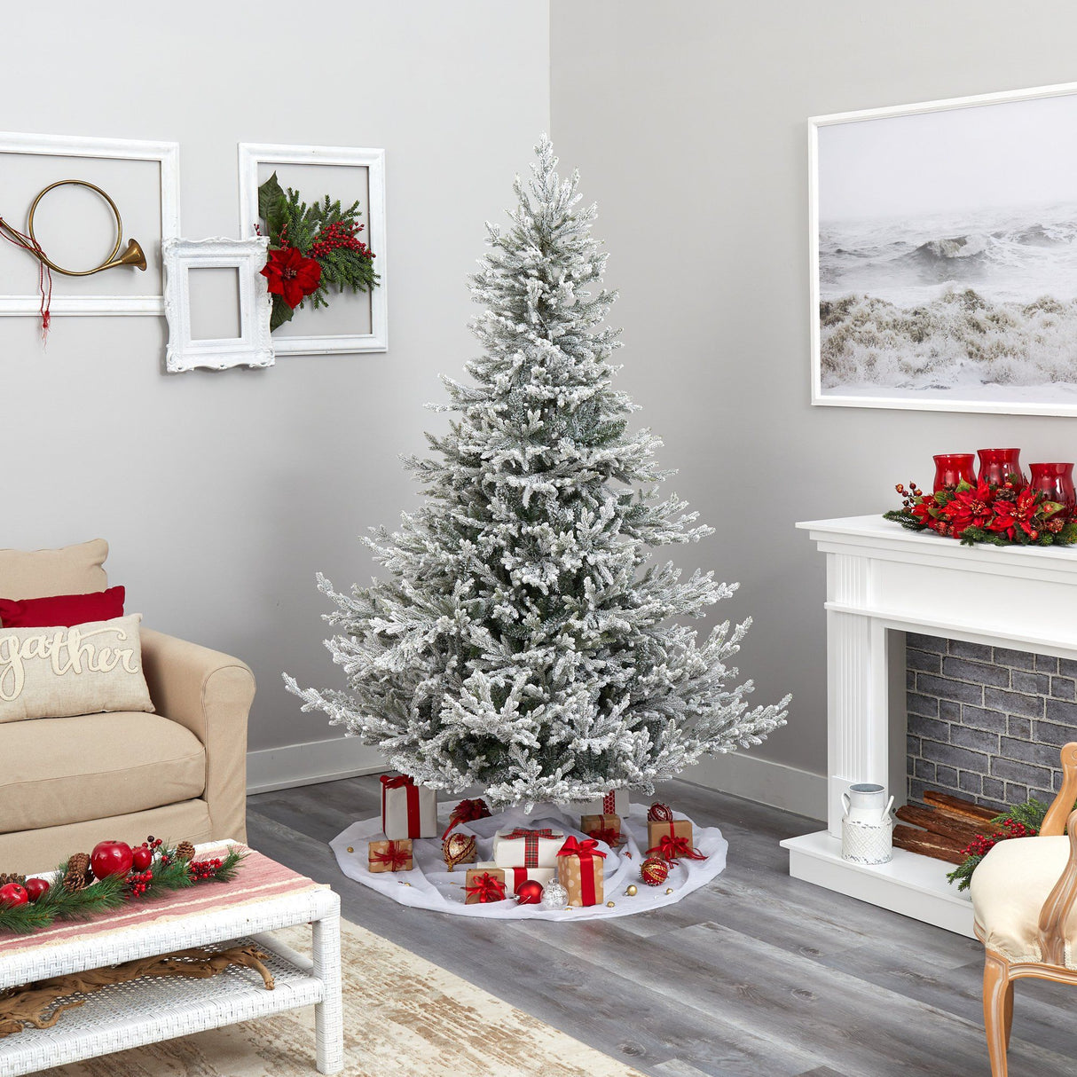 7’ Flocked Fraser Fir Artificial Christmas Tree with 600 Warm White Lights and 3852 Bendable Branches