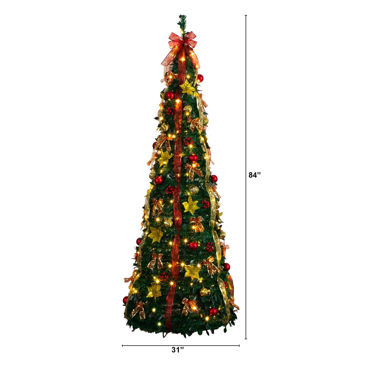 7' Pre-Lit Artificial Pop up Christmas Tree with Red & Gold Ornaments, Ribbons and 180 Warm White LED Lights