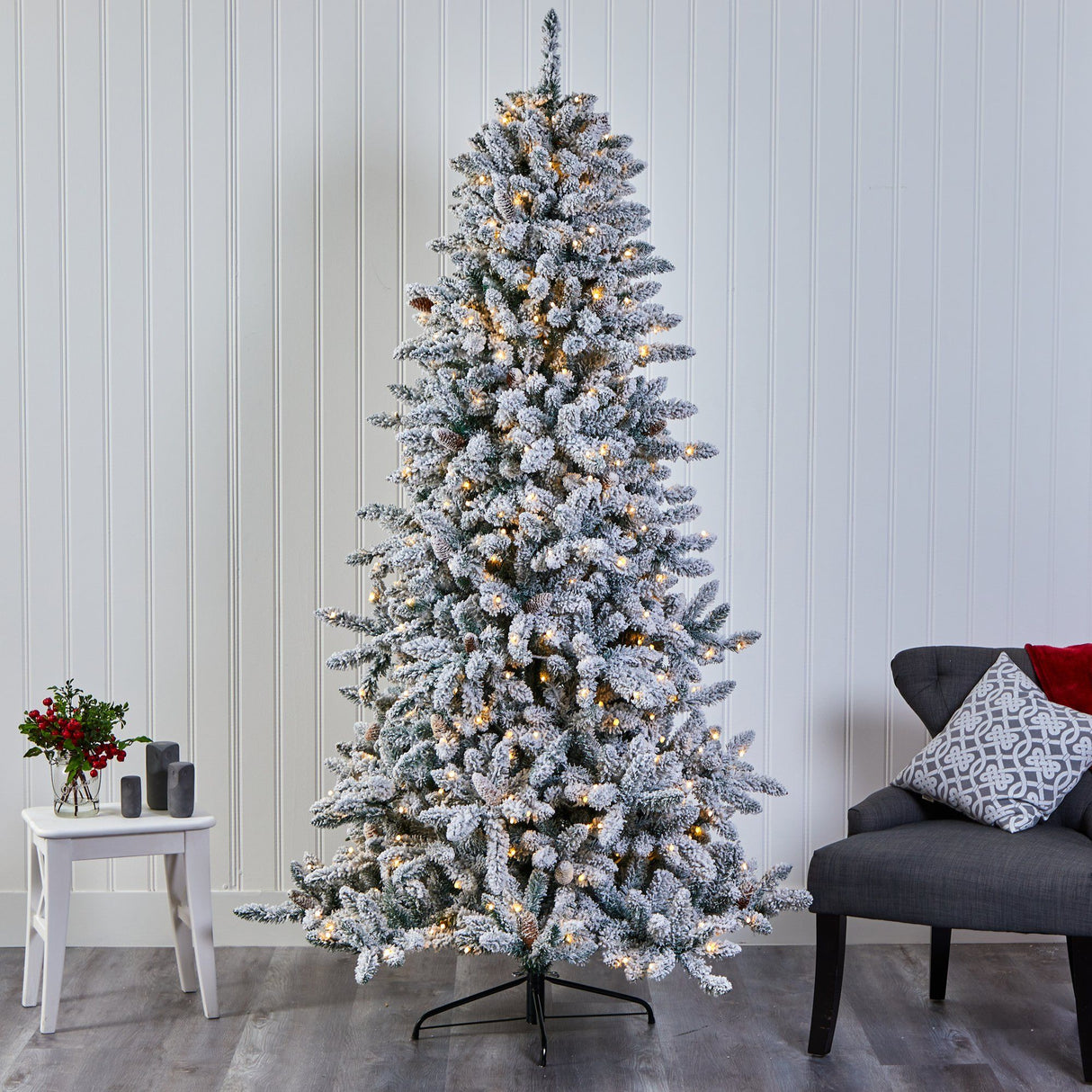 7.5’ Flocked Livingston Fir Artificial Christmas Tree with Pine Cones and 500 Warm LED Lights