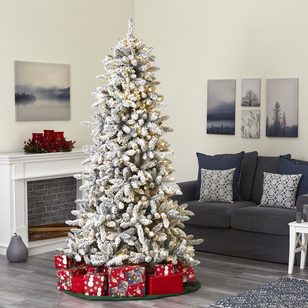 7.5’ Flocked Livingston Fir Artificial Christmas Tree with Pine Cones and 500 Warm LED Lights