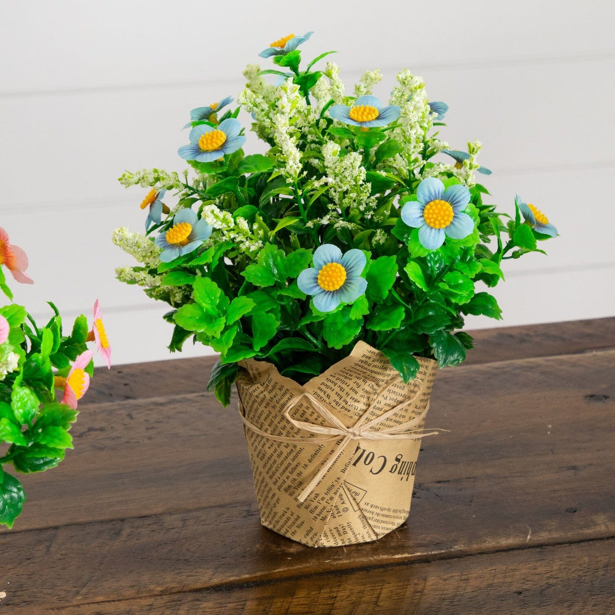 8" Artificial Daisy Plant in Newspaper Wrapped Planter -Set of 3
