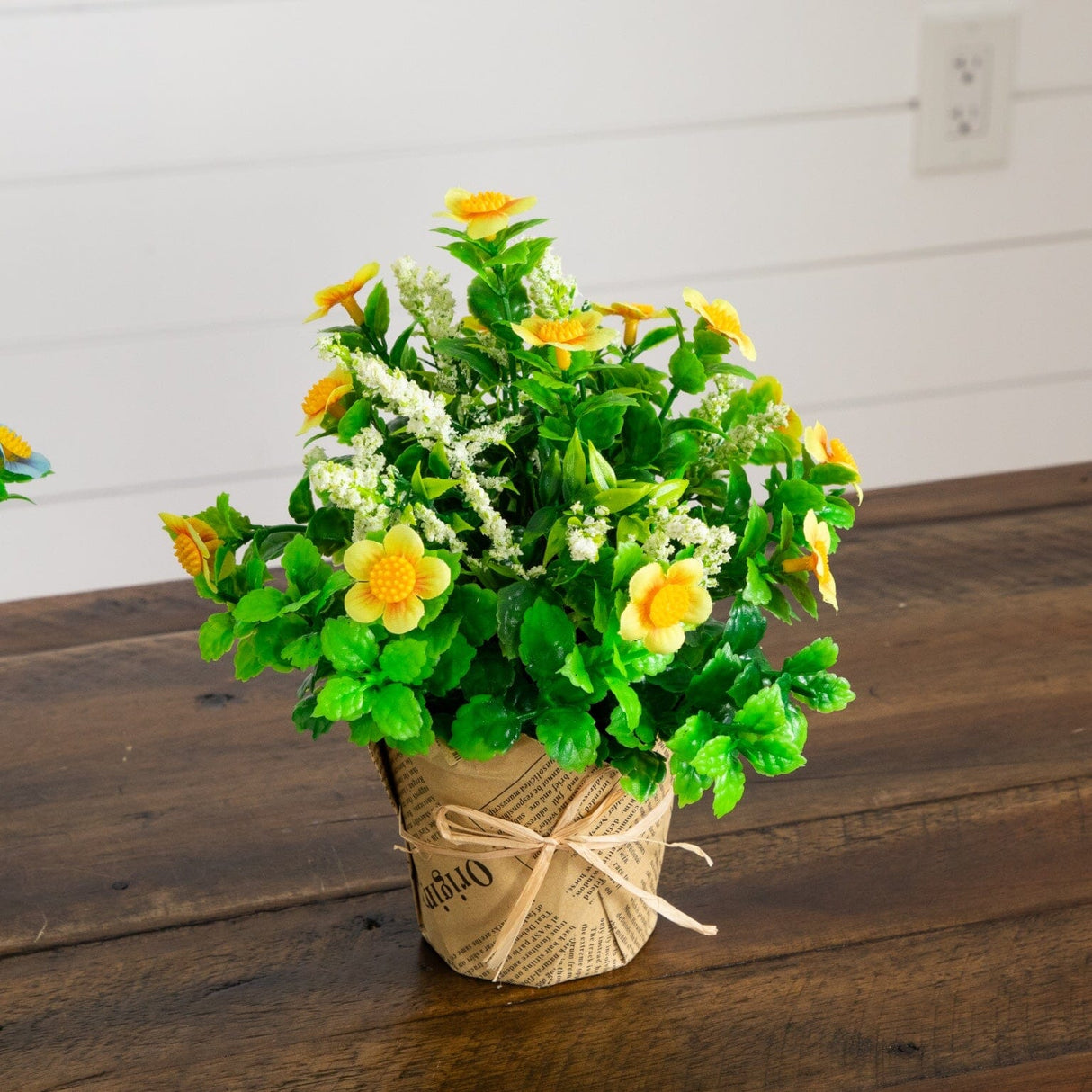8" Artificial Daisy Plant in Newspaper Wrapped Planter -Set of 3