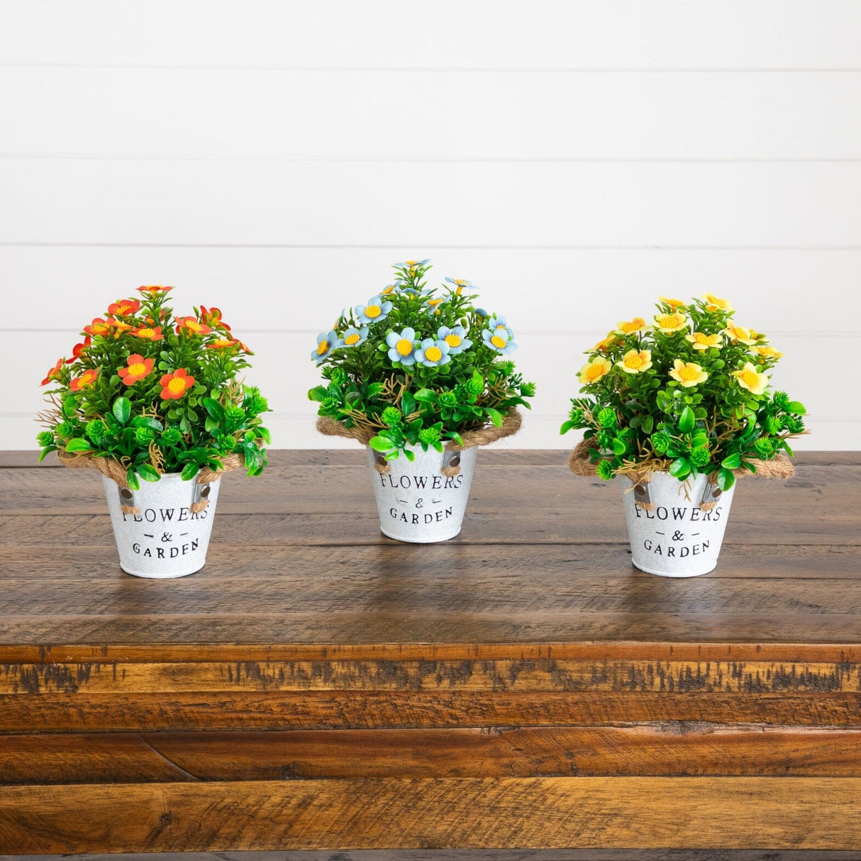 8” Artificial Daisy Plant in Rustic Flowers & Garden Planter -Set of 3