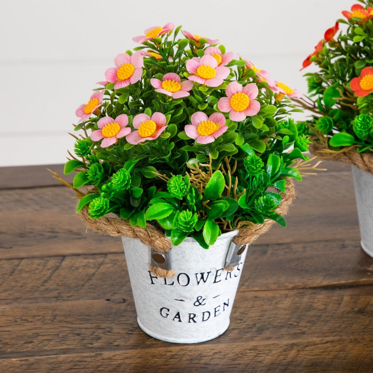 8” Artificial Daisy Plant in Rustic Flowers & Garden Planter -Set of 3