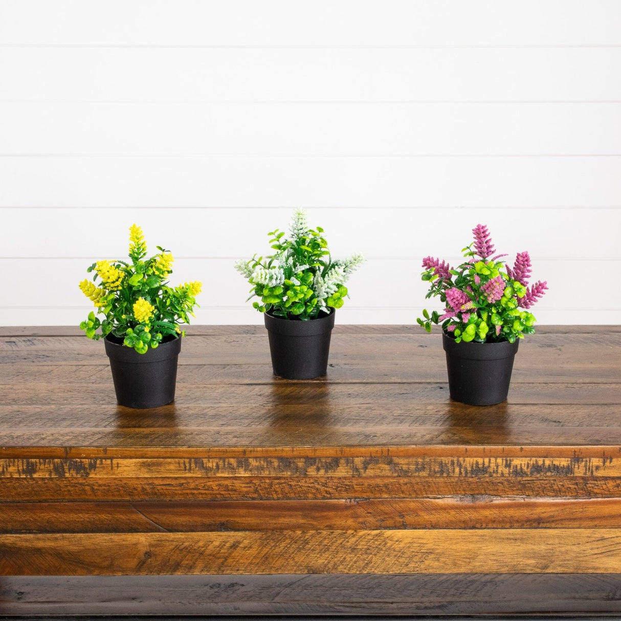 8" Artificial Flowering Arrangement in Black Pot - Set of 3
