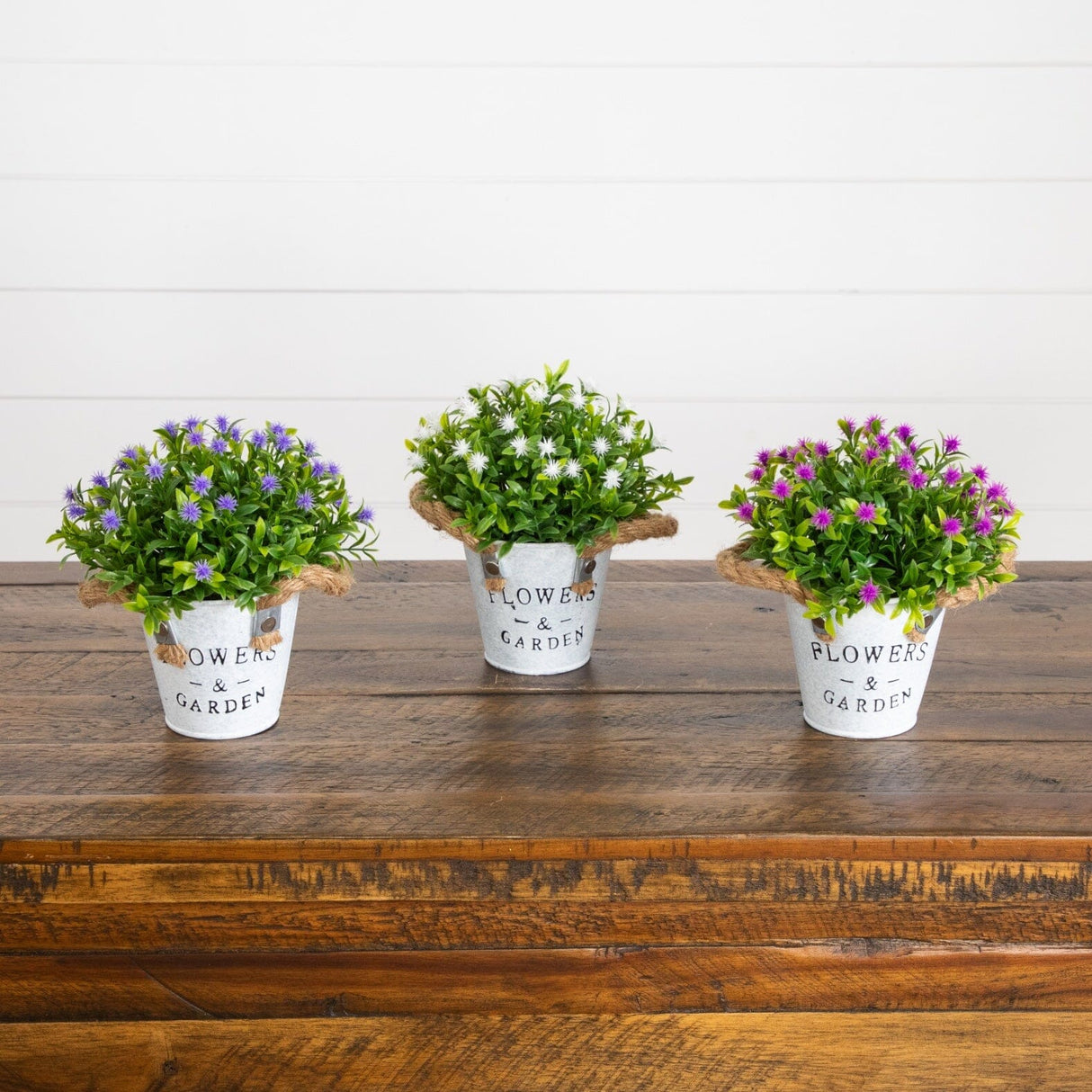 8” Artificial Flowering Plant in Rustic Flowers & Garden Planter -Set of 3