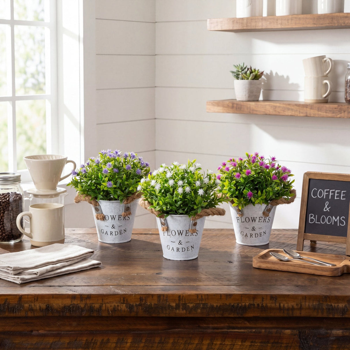 8” Artificial Flowering Plant in Rustic Flowers & Garden Planter -Set of 3