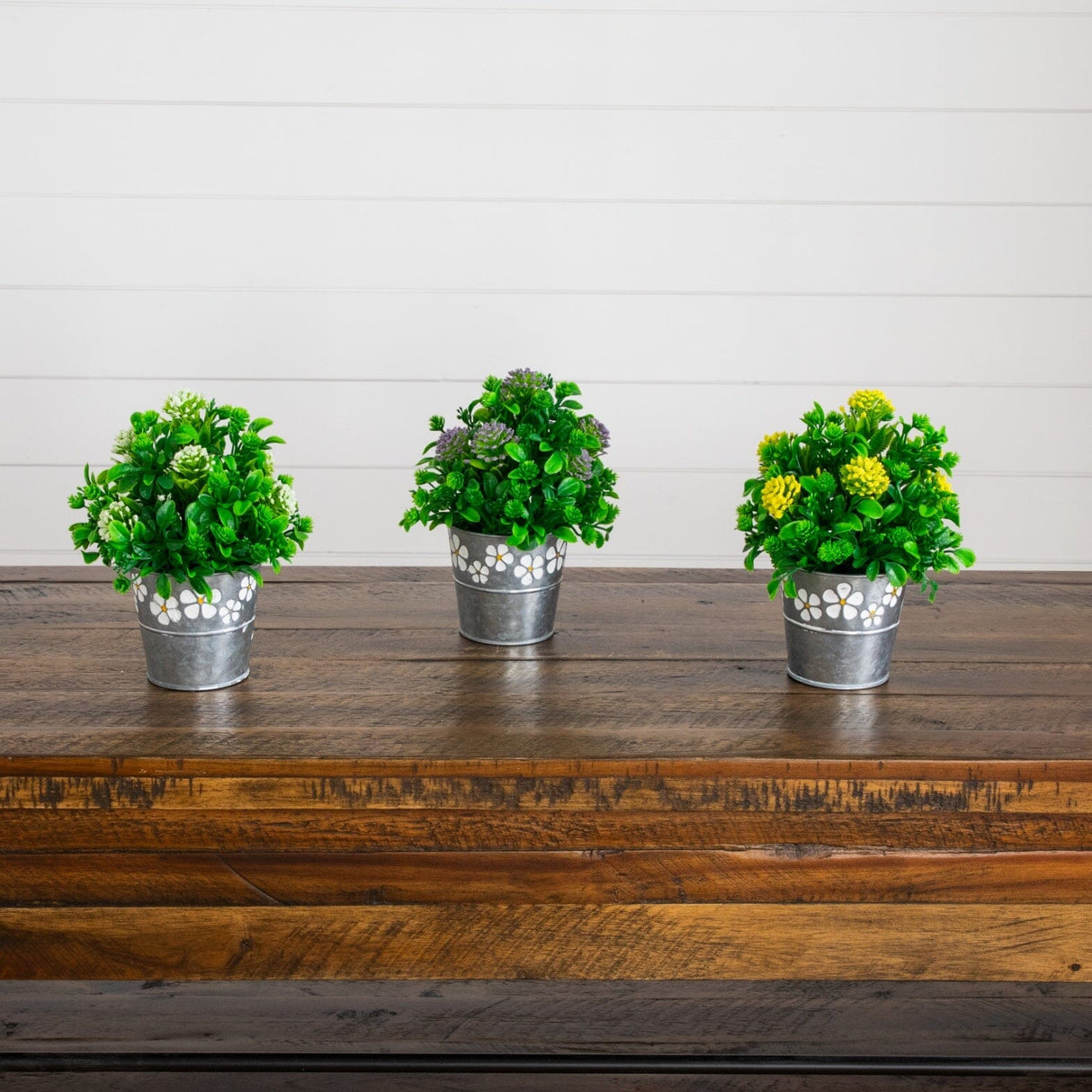 8" Artificial Mixed Flowering Plant in Decorative Daisy Tin Planter -Set of 3