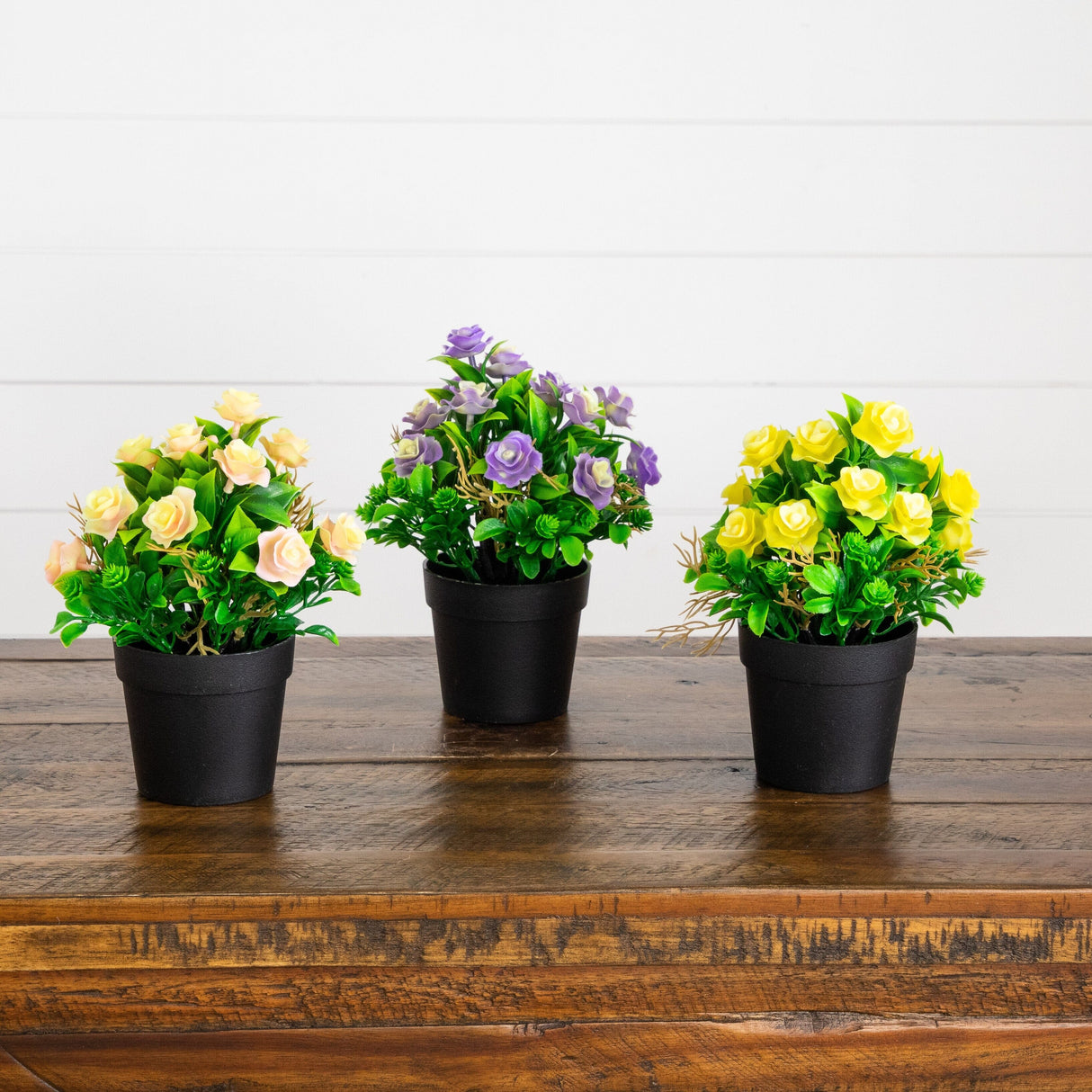 8" Artificial Rose Plant in Black Pot - Set of 3