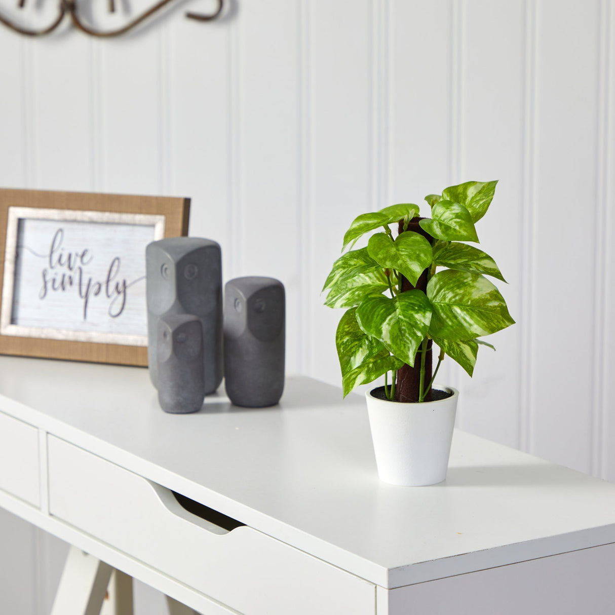 9” Faux Pothos Plant in White Planter (Real Touch)