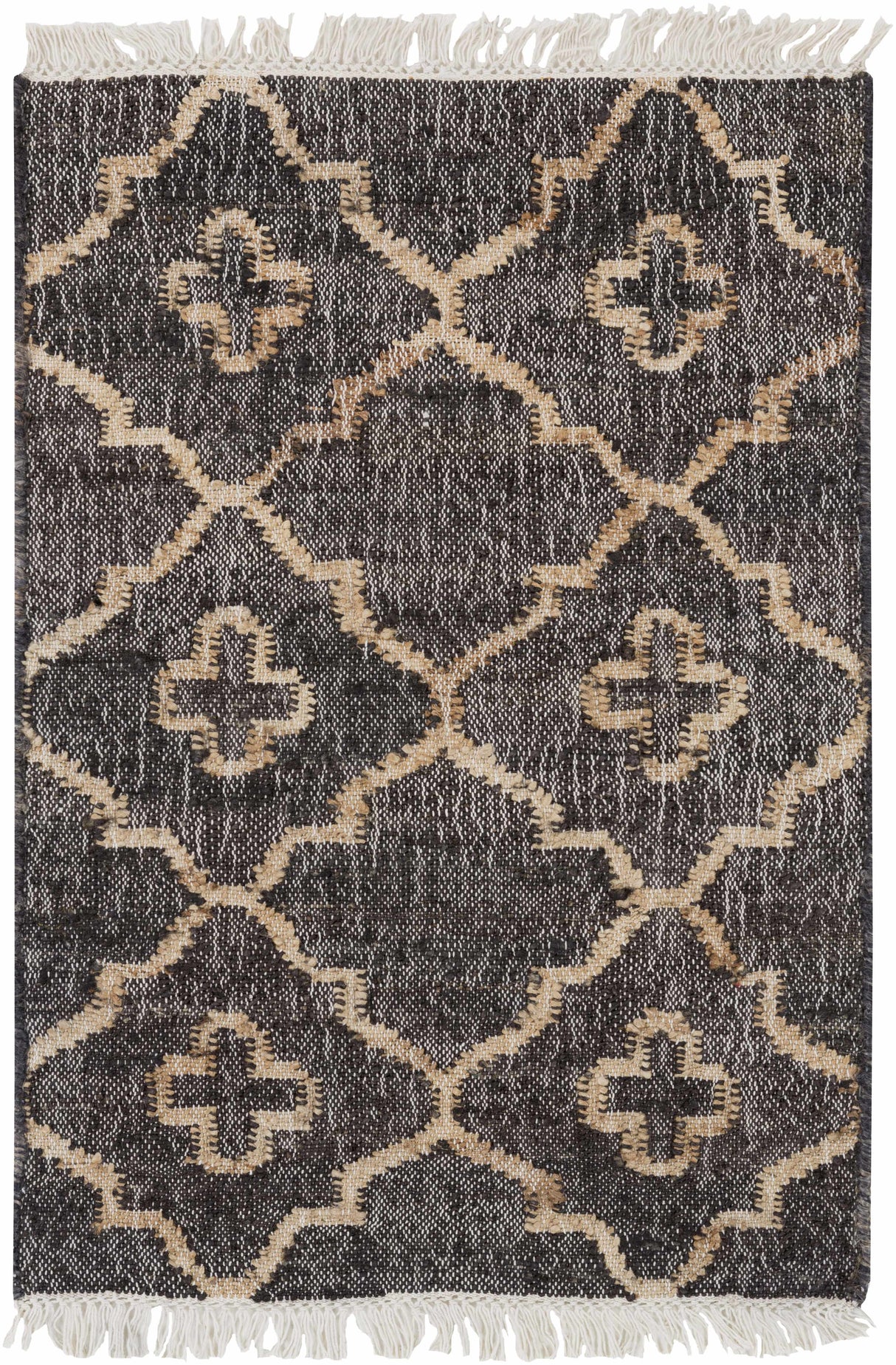 Astoria Black&Tan Trellis Fringed Jute Carpet - Clearance